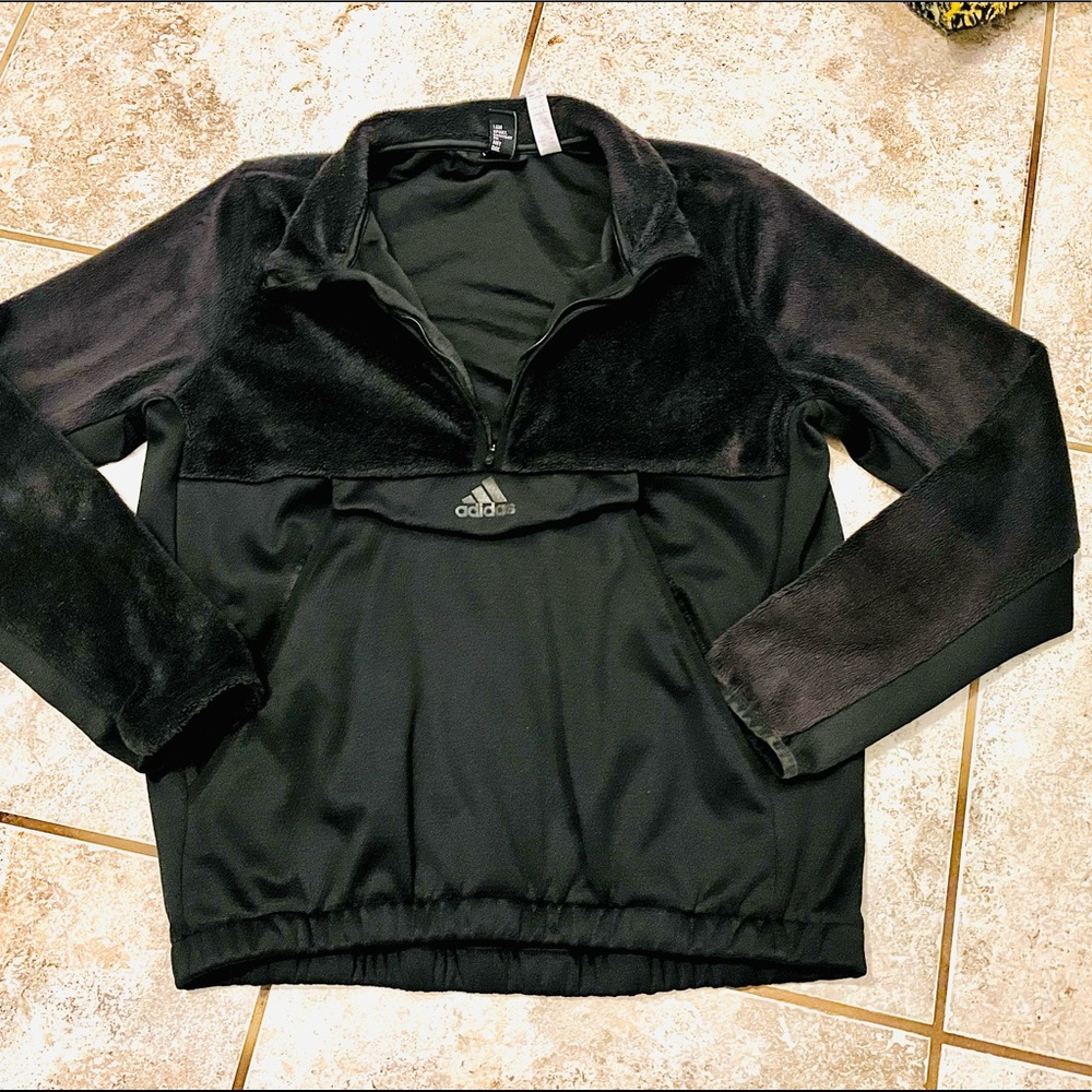 Adidas Faux Fur Half Zip Kangaroo Pocket Fleece Pullover